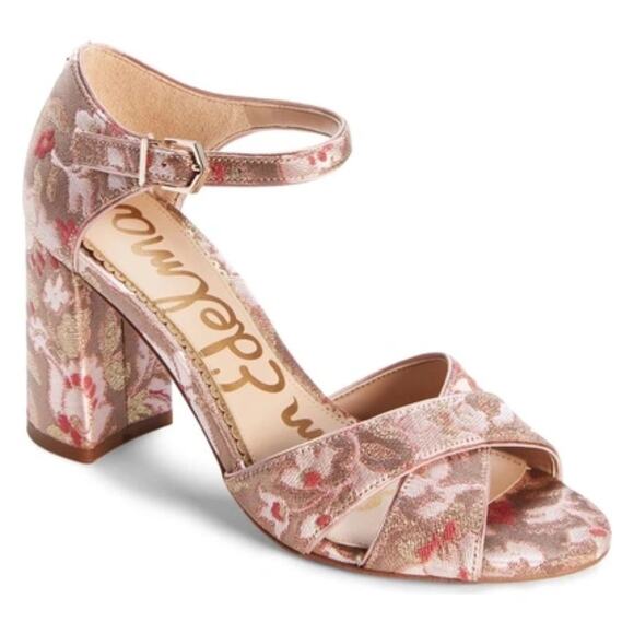Sam Edelman Floral Sandal Heels Pink & Gold Beige Jacquard Fabric 9M - Picture 1 of 9